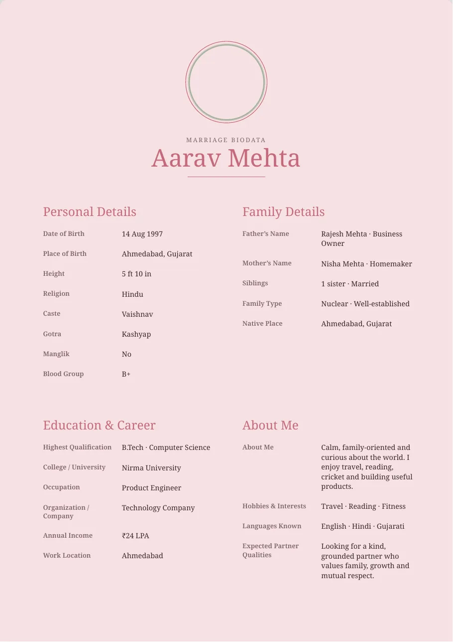 Blush Rose Floral modern marriage biodata template preview
