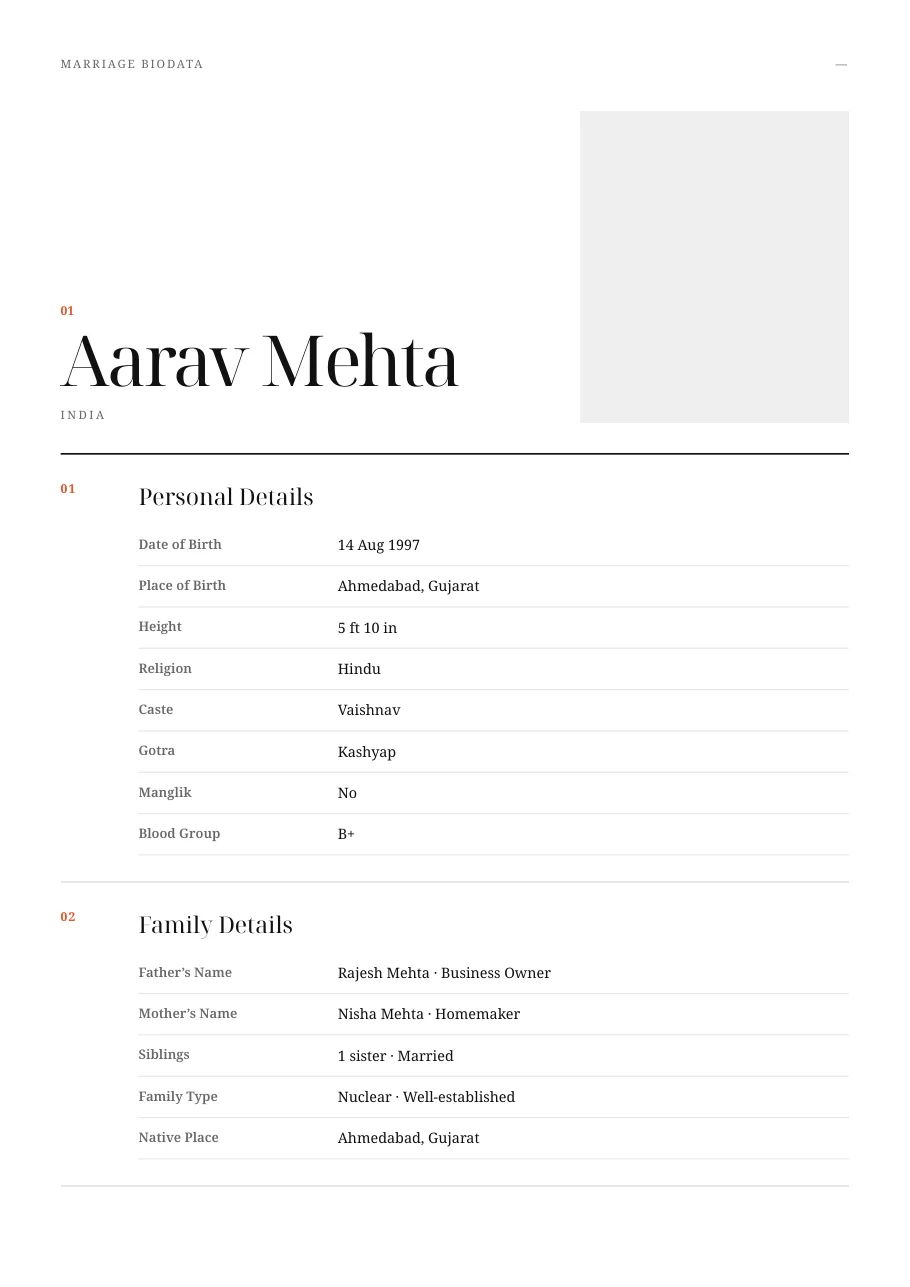 Editorial Mono simple marriage biodata template preview