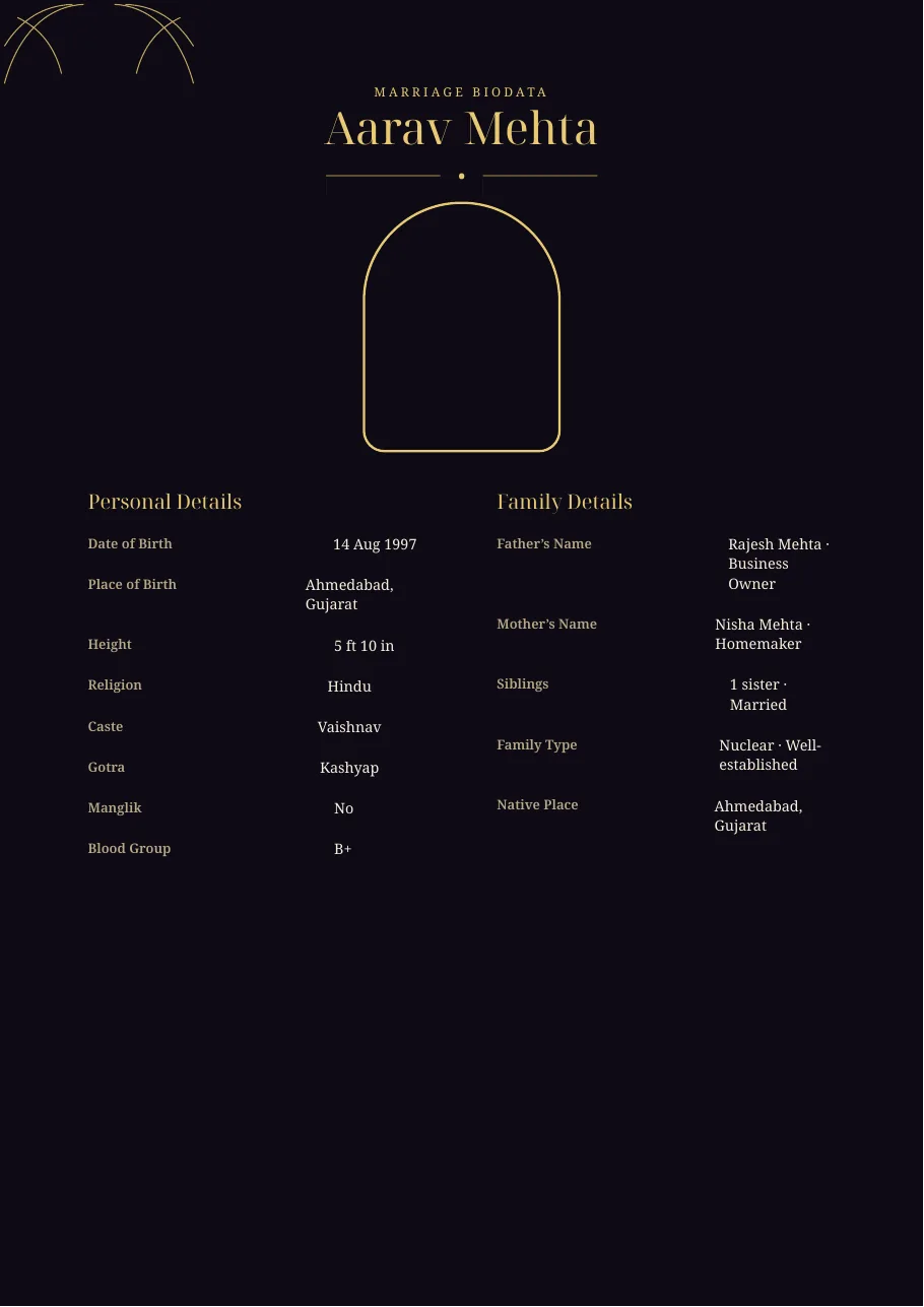 Midnight Gold traditional marriage biodata template preview
