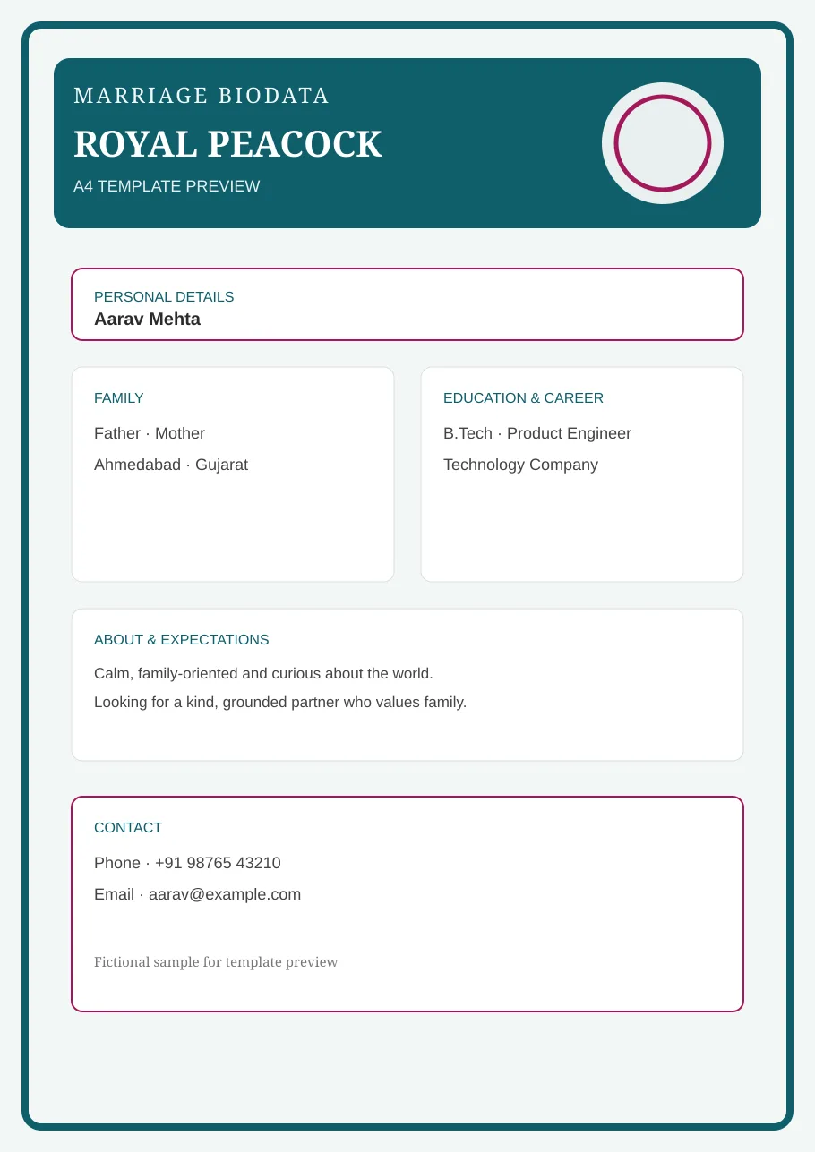 Royal Peacock royal wedding biodata template preview